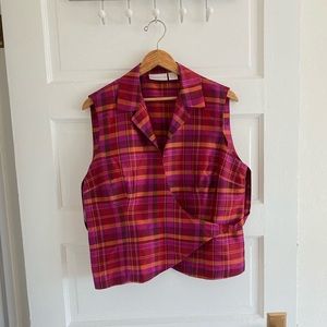 👚 [Worthington] 💯 Silk Western Plaid Sleeveless Burgundy Shirt/Vest, Size 14